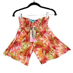 Rainbow Jo Hawaiian Shorts S Women Orange Pink Green Hibiscus Aloha Tropical NEW
